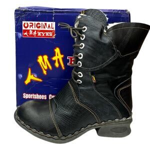 TMA EYES Black Fur Lined Croc Embossed Leather Winter Combat Boots Women's 9